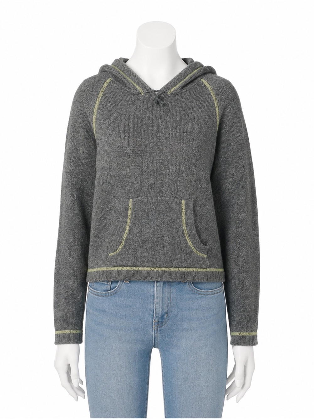 Womens 579 Vintage Gray 100% Wool Hoodie L Green Stitch Mended Sweater